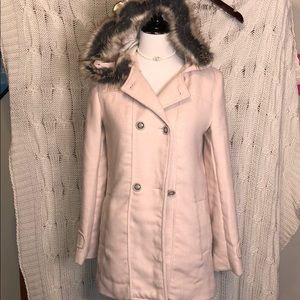 Fur lined hooded pink pea coat